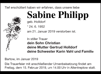 Traueranzeige von Sabine Philipp von Neubrandenburger Zeitung