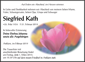 Traueranzeige von Siegfried Kath von Vorpommern Kurier