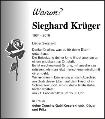 Traueranzeige von Sieghard Krüger von Vorpommern Kurier