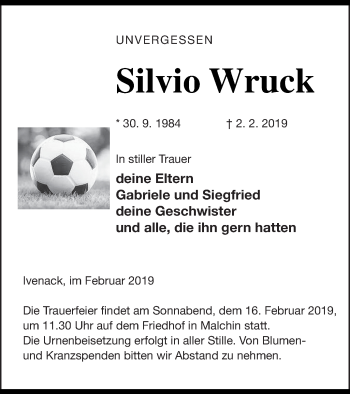 Traueranzeige von Silvio Wruck von Mecklenburger Schweiz