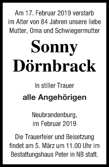 Traueranzeige von Sonny Dörnbrack von Neubrandenburger Zeitung