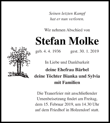 Traueranzeige von Stefan Molke von Neubrandenburger Zeitung