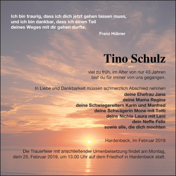 Traueranzeige von Tino Schulz von Templiner Zeitung