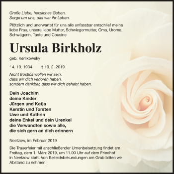 Traueranzeige von Ursula Birkholz von Vorpommern Kurier