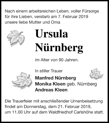 Traueranzeige von Ursula Nürnberg von Strelitzer Zeitung