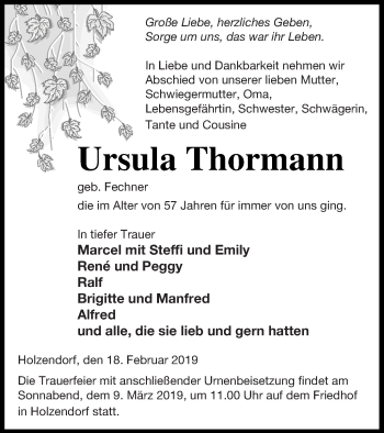 Traueranzeige von Ursula Thormann von Strelitzer Zeitung