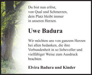 Traueranzeige von Uwe Badura von Zeitung für Lübz - Goldberg - Plau