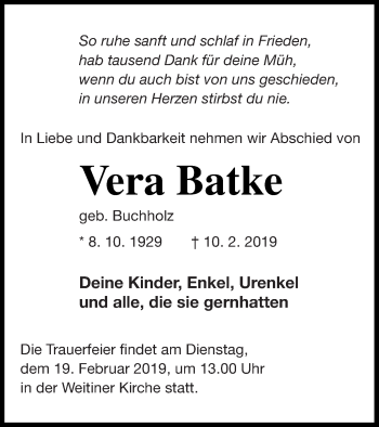 Traueranzeige von Vera Batke von Neubrandenburger Zeitung