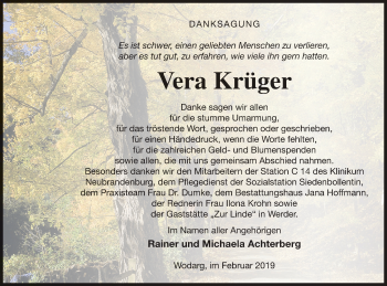 Traueranzeige von Vera Krüger von Neubrandenburger Zeitung