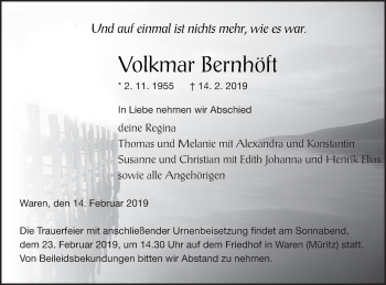 Traueranzeige von Volkmar Bernhöft von Müritz-Zeitung