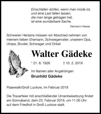 Traueranzeige von Walter Gädeke von Pasewalker Zeitung