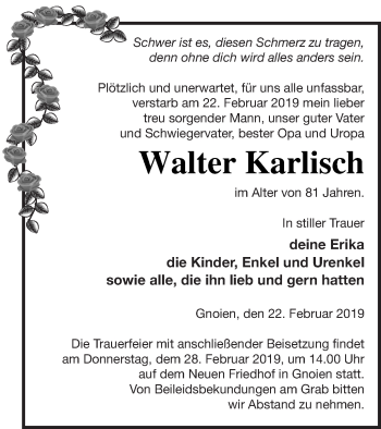 Traueranzeige von Walter Karlisch von Mecklenburger Schweiz