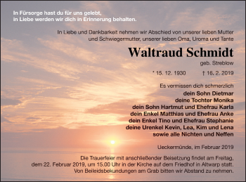 Traueranzeige von Waltraud Schmidt von Haff-Zeitung