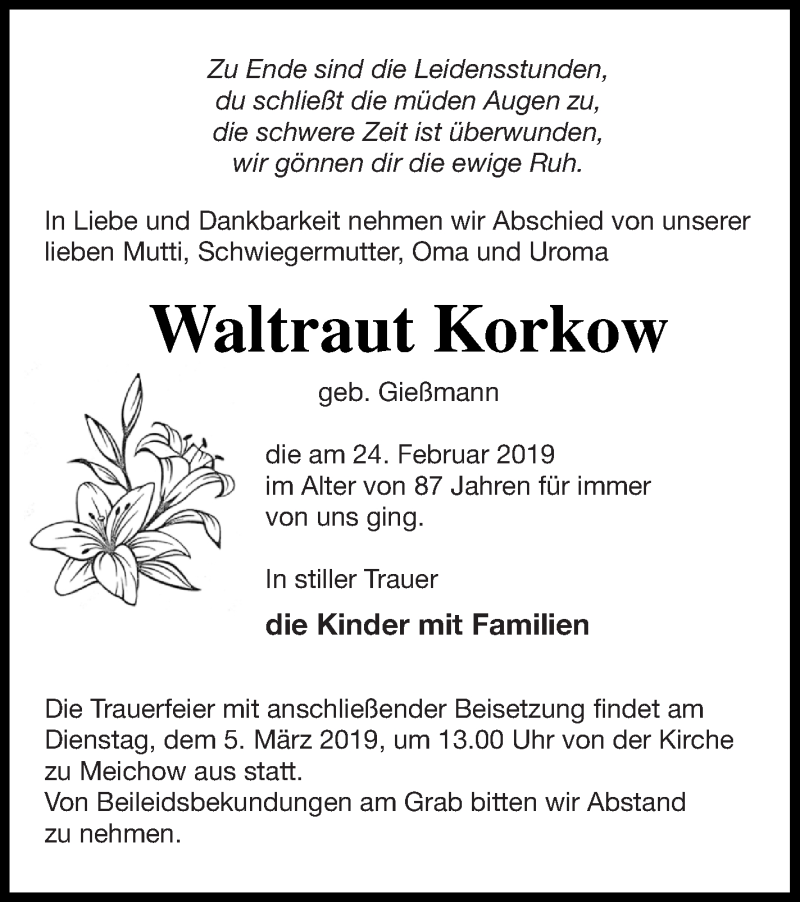  Traueranzeige für Waltraut Korkow vom 28.02.2019 aus Prenzlauer Zeitung