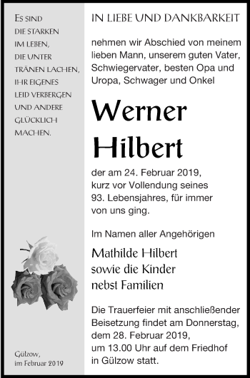 Traueranzeige von Werner Hilbert von Mecklenburger Schweiz