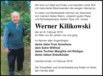 Traueranzeige von Werner Kilikowski von Haff-Zeitung