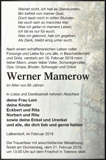 Traueranzeige von Werner Mamerow von Mecklenburger Schweiz