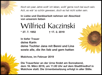 Traueranzeige von Wilfried Kaczinski von Müritz-Zeitung