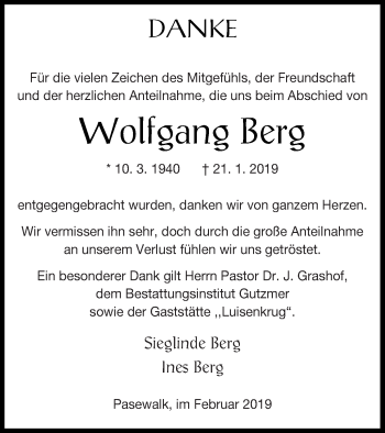 Traueranzeige von Wolfgang Berg von Pasewalker Zeitung