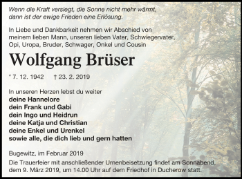 Traueranzeige von Wolfgang Brüser von Vorpommern Kurier