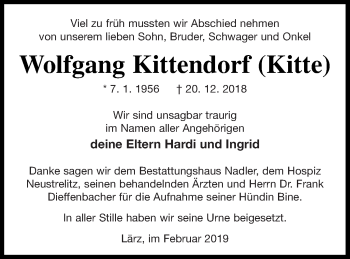 Traueranzeige von Wolfgang Kittendorf von Müritz-Zeitung