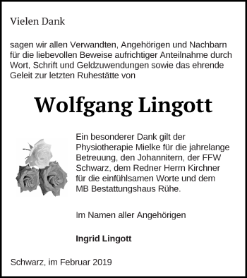 Traueranzeige von Wolfgang Lingott von Strelitzer Zeitung