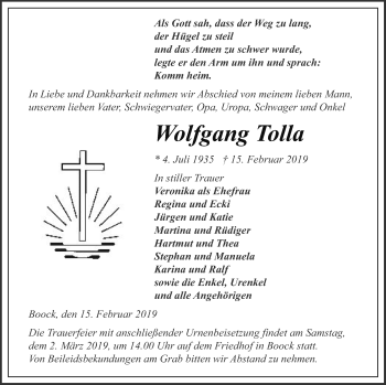 Traueranzeige von Wolfgang Tolla von Haff-Zeitung