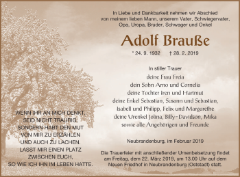 Traueranzeige von Adolf Brauße von Neubrandenburger Zeitung