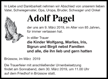 Traueranzeige von Adolf Pagel von Prenzlauer Zeitung