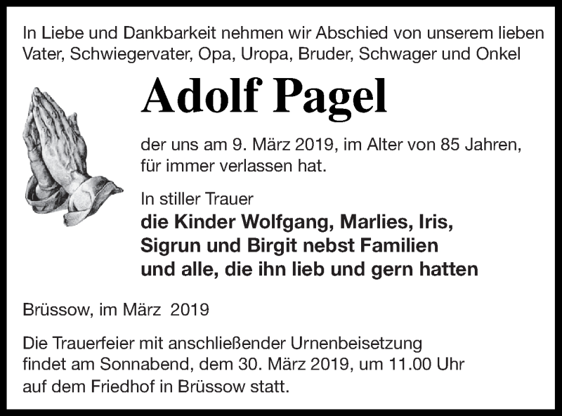  Traueranzeige für Adolf Pagel vom 14.03.2019 aus Prenzlauer Zeitung