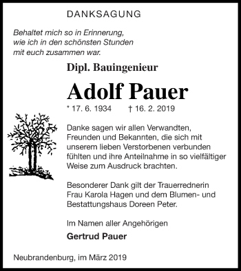 Traueranzeige von Adolf Pauer von Neubrandenburger Zeitung