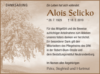 Traueranzeige von Alois Selicko von Neubrandenburger Zeitung