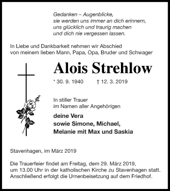 Traueranzeige von Alois Strehlow von Mecklenburger Schweiz