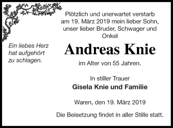 Traueranzeige von Andreas Knie von Müritz-Zeitung
