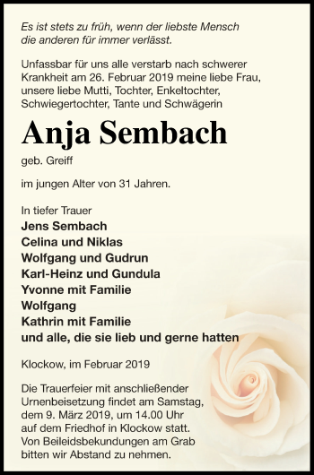Traueranzeige von Anja Sembach von Prenzlauer Zeitung
