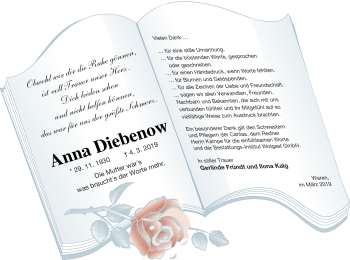 Traueranzeige von Anna Diebenow von Müritz-Zeitung