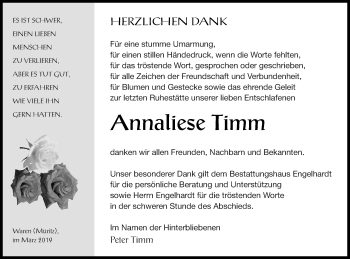 Traueranzeige von Annaliese Timm von Müritz-Zeitung