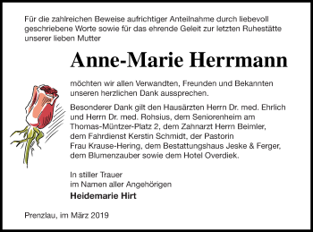 Traueranzeige von Anne-Marie Herrmann von Prenzlauer Zeitung