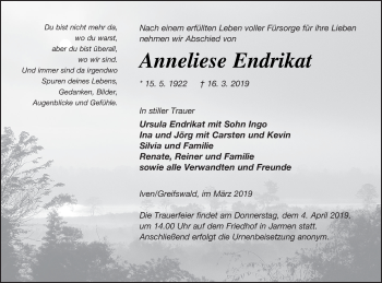 Traueranzeige von Anneliese Endrikat von Vorpommern Kurier