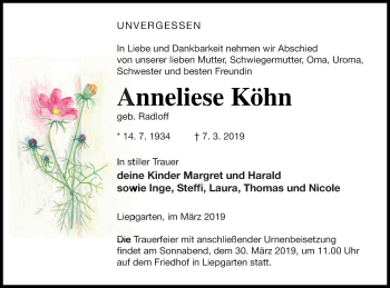 Traueranzeige von Anneliese Köhn von Haff-Zeitung