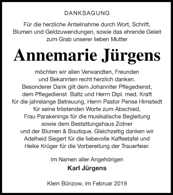 Traueranzeige von Annemarie Jürgens von Vorpommern Kurier