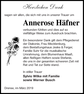 Traueranzeige von Annerose Häfner von Prenzlauer Zeitung