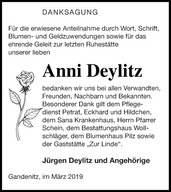 Traueranzeige von Anni Deylitz von Templiner Zeitung