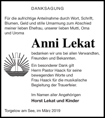 Traueranzeige von Anni Lekat von Müritz-Zeitung