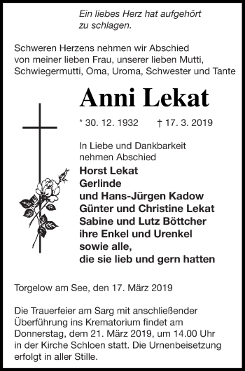 Traueranzeige von Anni Lekat von Müritz-Zeitung