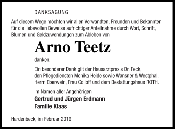 Traueranzeige von Arno Teetz von Templiner Zeitung