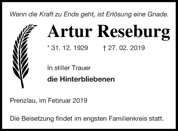 Traueranzeige von Artur Reseburg von Prenzlauer Zeitung