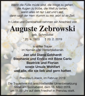 Traueranzeige von Auguste Zebrowski von Prenzlauer Zeitung