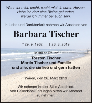 Traueranzeige von Barbara Tischer von Müritz-Zeitung