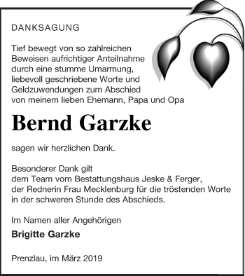 Traueranzeige von Bernd Garzke von Prenzlauer Zeitung